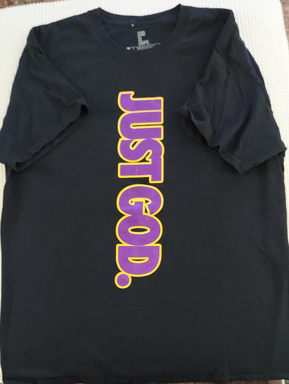 Black JUST GOD. Graphic Tee with Purple & Yellow Vertical Print